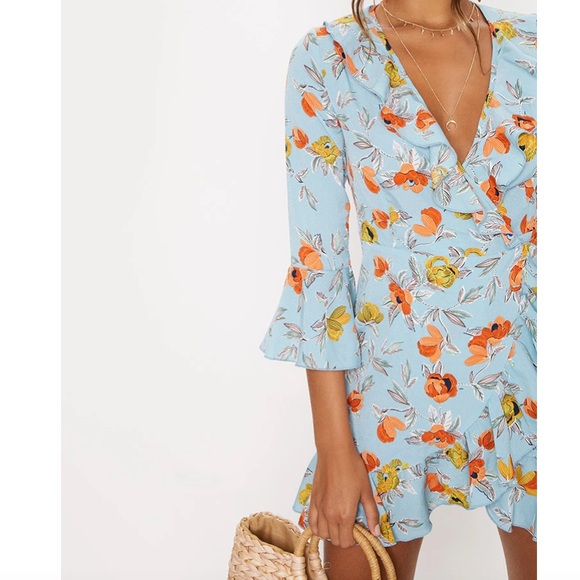 NWT Turquoise Floral Printed Frill Wrap Tea Dress - Picture 5 of 13